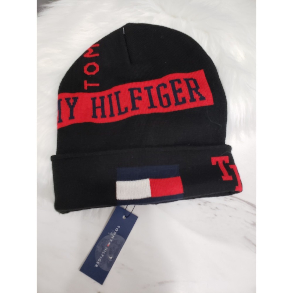 Tommy Hilfiger Men Winter Cuffed HAT Beanie Cap Black White Red COLOR BLOCK LOGO